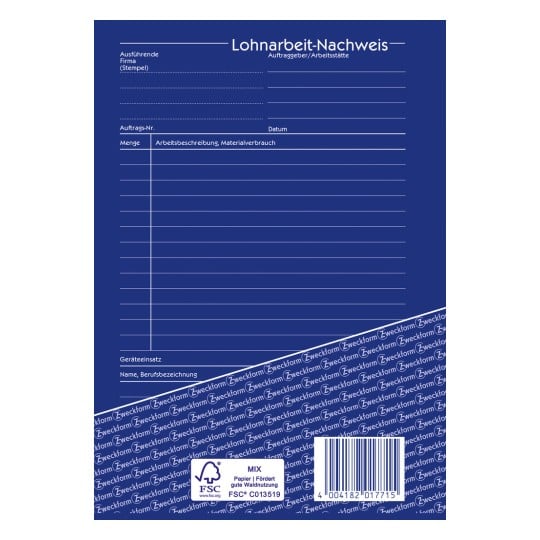 Ein Bild eines blauen Arbeitsdokumentationsformulars mit dem Titel 'Lohnarbeit-Nachweis' mit Abschnitten für Details wie Firmenname, Auftragsnummer, Datum, Materialverbrauch und eingesetzte Ausrüstung. Es enthält leere Zeilen zum Ausfüllen von Informationen.