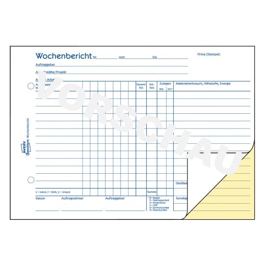 Formularabbildung: Avery Zweckform, Artikel: 1772, Wochenbericht, 210 x 148 mm, A5 quer, 2 x 40 Blatt/Buch
