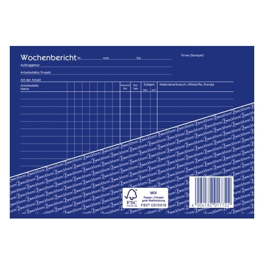 Das Bild zeigt eine blaue Wochenberichtsvorlage mit Abschnitten für Kunde, Arbeitsplatz, Arbeitsart, Arbeitsdetails und Ressourcennutzung. Es enthält Bereiche für Daten und Unterschriften sowie ein sich wiederholendes Muster und das Firmenlogo.