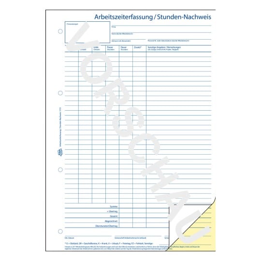 Das Bild ist ein Arbeitszeiterfassungsbogen mit Abschnitten für persönliche Informationen, Zeiteinträge, Pausen und Kommentare. Es ist für Mitarbeiter konzipiert, um ihre gearbeiteten Stunden mit verschiedenen Spalten für Details zu erfassen.