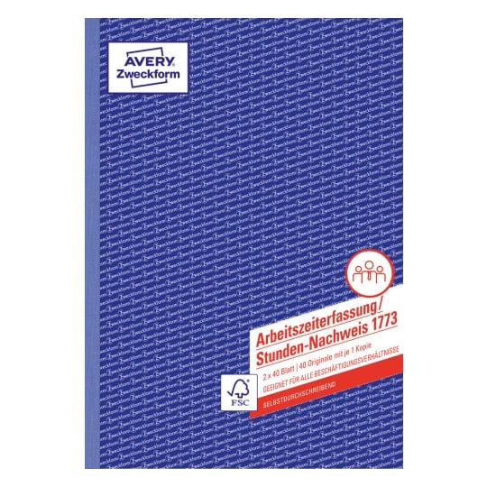 Das Bild zeigt das Deckblatt eines Formulars zur Zeiterfassung, erstellt von Avery, mit blauem Hintergrund und Text in deutscher Sprache.