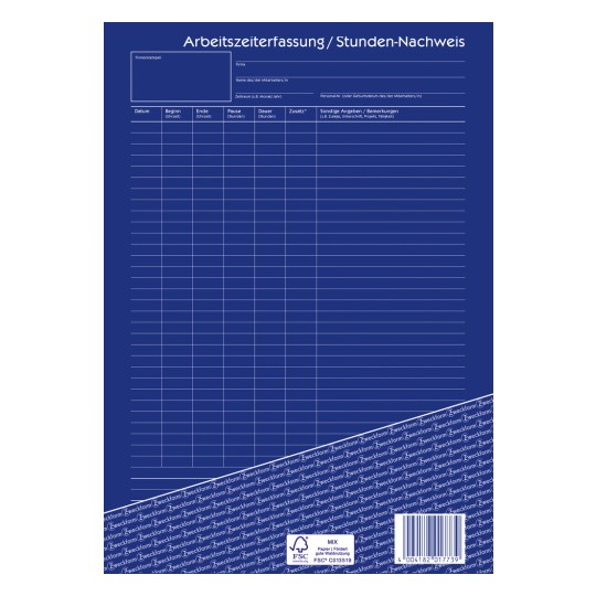 Das Bild zeigt ein Arbeitszeit- und Anwesenheitsblatt auf Deutsch. Es enthält Abschnitte für den Firmenstempel, den Namen des Mitarbeiters, das Datum, die Arbeitszeiten, Pausen, Dauer und zusätzliche Notizen.
