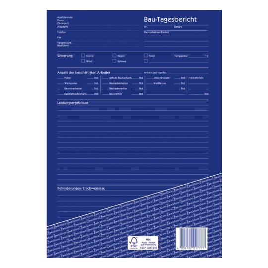 Das Bild ist eine Vorlage für einen Bau-Tagesbericht auf Deutsch, beschriftet mit 'Bau-Tagesbericht'. Es enthält Felder für Firmeninformationen, Datum, Wetterbedingungen, Anzahl der Arbeiter, Arbeitsergebnisse und eventuelle hinderliche Ereignisse.