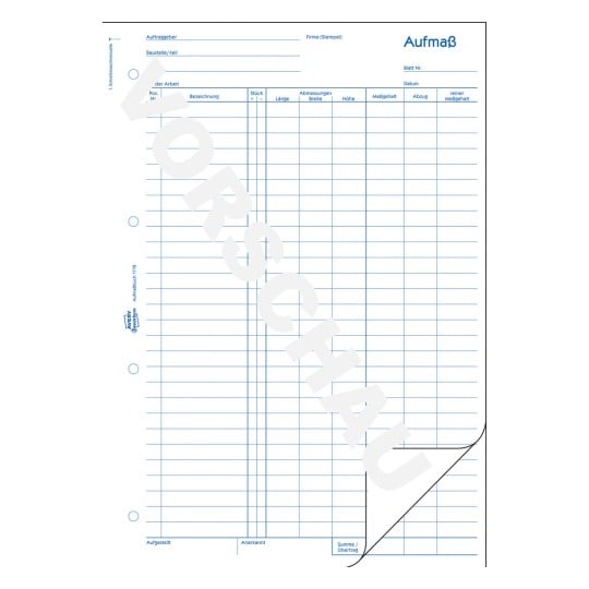 Formularabbildung: Avery Zweckform, Artikel: 1778, Aufmaß, 210 x 297 mm, A4, 50 Blatt/Buch
