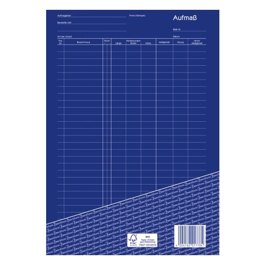 Das Bild zeigt ein blaues Arbeitsblatt mit dem Titel 'Aufmaß', das Abschnitte für Eintragungen wie 'Art der Arbeit', Maße und einen speziellen Bereich für Kommentare oder Notizen sowie einen Barcode und ein Zertifizierungszeichen enthält.