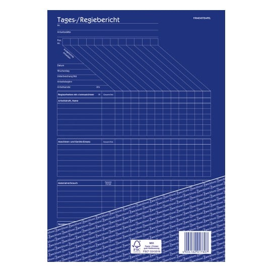 Das Bild zeigt ein Formular mit dem Titel 'Tages-/Regiebericht', das Abschnitte für Arbeitsdetails, Daten, Arbeitsstunden, Gerätebenutzung, Materialverbrauch und andere Notizen enthält.