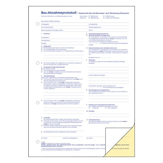 Formularabbildung: Avery Zweckform, Artikel: 1785, Bauabnahmeprotokoll, 210 x 297 mm, A4, 3 x 32 Blatt/Buch