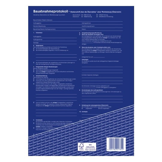 Das Bild ist ein Bauübergabeprotokolldokument, das in Österreich verwendet wird und Abschnitte für Projektdetails, Kundenabnahme, Erklärungen zu Mängeln und verschiedene Unterschriften enthält. Es umfasst Kontrollkästchen und Zeilen für Notizen zu Fragen und Bedingungen im Zusammenhang mit dem Abnahmeprozess.