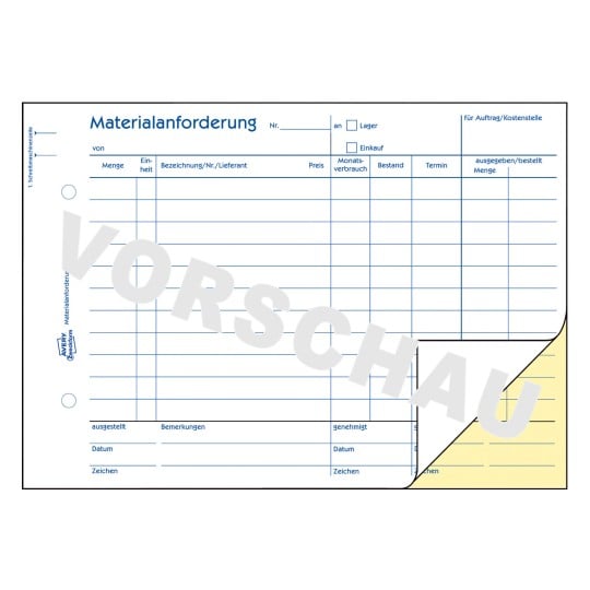 Formularabbildung: Avery Zweckform, Artikel: 1797, Materialanforderung, 210 x 148 mm, A5 quer, 2 x 40 Blatt/Buch