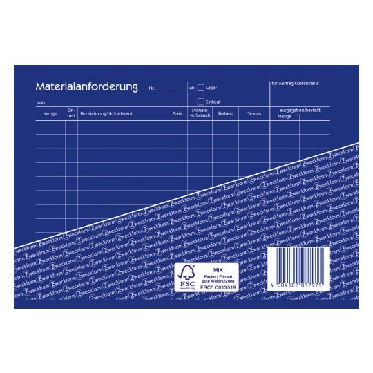 Das Bild zeigt ein Materialanforderungsformular auf Deutsch, mit Abschnitten für Menge, Einheit, Beschreibung, Preis, monatlichen Verbrauch, Lagerbestand, Frist und ausgegebene/bestellte Menge. Es hat einen blauen Hintergrund mit 'Zweckform'-Markenzeichen und beinhaltet einen Barcode.