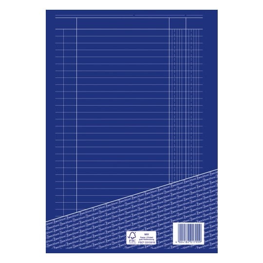 Das Bild zeigt die Rückseite eines liniertem Notizbuches. Es verfügt über einen blauen Hintergrund mit einem Gitter aus horizontalen und vertikalen Linien sowie einen Bereich, der das Markenlogo und die FSC-Zertifizierung anzeigt.