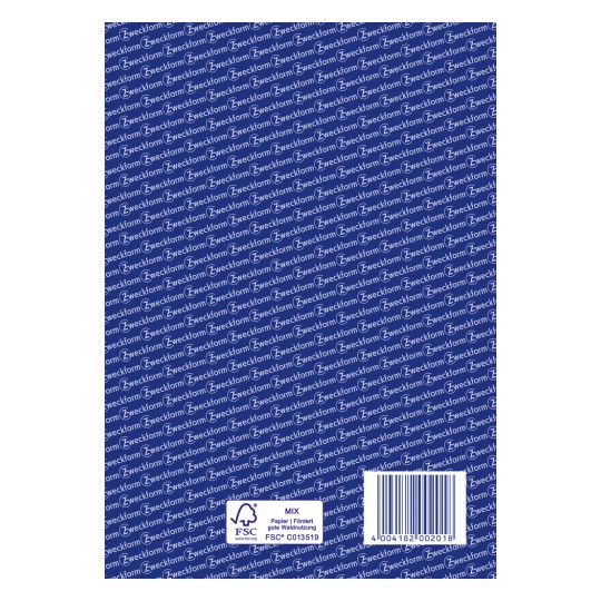 Das Bild zeigt einen blauen Hintergrund mit sich wiederholendem Text, der 'Zweckform' lautet. Es enthält einen Barcode und ein Etikett, das den Papiertyp und die Zertifizierung angibt.