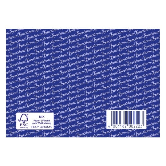 Das Bild zeigt einen blauen Hintergrund mit dem wiederholten Text 'Zweckform' und enthält ein weißes Etikett mit FSC-Zertifizierung und einem Barcode.