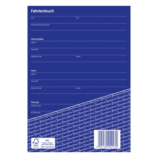 Das Bild zeigt eine Vorlage für ein Fahrtenbuch auf Deutsch. Es enthält Abschnitte für Reisedetails wie Daten, Fahrzeugkennzeichen, Fahrerinformationen und Kontaktdaten des Fahrzeughalters und Fahrers. Das Design weist einen blauen Hintergrund auf und beinhaltet ein Logo.