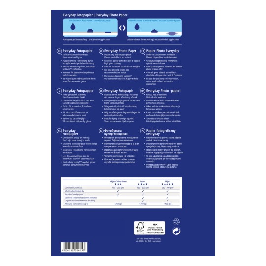 Das Bild ist eine Produktübersicht des Everyday Photo Paper, die seine Eigenschaften, Spezifikationen und Vorteile in mehreren Sprachen darstellt. Es hebt Qualitäten wie sofortige Trocknung, wischfeste Oberfläche und Eignung für verschiedene Druckanwendungen hervor.