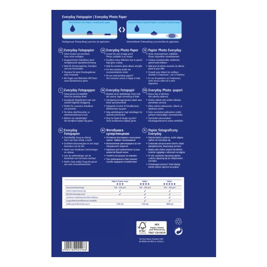 Das Bild zeigt eine Produktverpackung mit Informationen über 'Everyday Fotopapier' in mehreren Sprachen, einschließlich Spezifikationen wie Gewicht, Qualitätsbewertungen und Druckanweisungen.