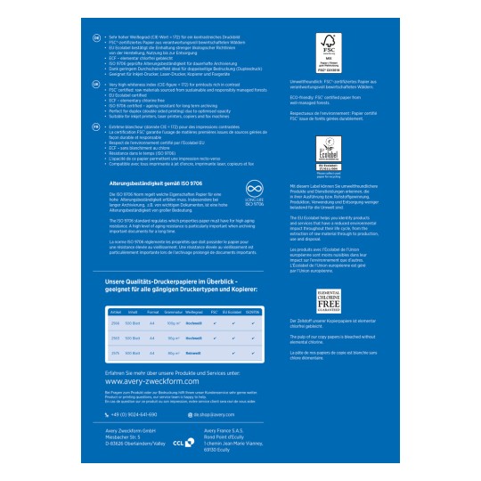 Das Bild zeigt Informationen über hochwertige Druckpapiere, einschließlich Zertifizierungen wie FSC und EU Ecolabel. Es behandelt Papiereigenschaften wie Helligkeit, Alterungsbeständigkeit und Eignung für verschiedene Drucktypen, zusammen mit einer Liste spezifischer Papierprodukte und deren Eigenschaften.