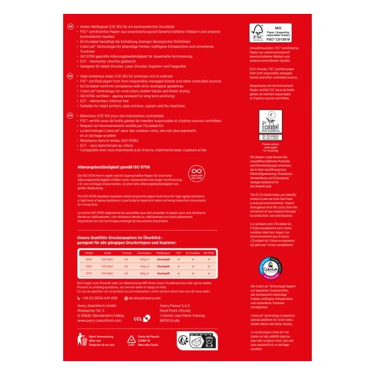 Das Bild enthält Informationen über verschiedene Arten von hochwertigem Druckpapier, einschließlich ihrer Spezifikationen, Zertifizierungen (wie EU Ecolabel und ISO 9706) und empfohlene Verwendungszwecke für verschiedene Drucker und Kopierer.
