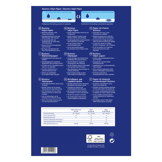 Das Bild zeigt ein Verpackungsdesign für Business Inkjet Paper, das seine Merkmale, Anwendungen und Spezifikationen in mehreren Sprachen wie Deutsch, Englisch, Französisch, Niederländisch, Russisch und Polnisch darstellt. Es beinhaltet Merkmale wie sofortige Trocknung, wischfest und Empfehlungen für die besten Druckergebnisse.