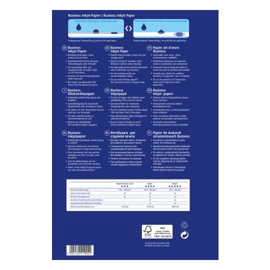 Das Bild ist ein Produktinformationsblatt für Business Inkjet Paper, das Spezifikationen in verschiedenen Sprachen, einschließlich Deutsch, Englisch, Französisch, Dänisch, Finnisch, Niederländisch, Russisch und Polnisch, enthält. Es enthält Informationen zur Druckqualität, zu den Merkmalen und zu den Kundenunterstützungsoptionen, sowie eine Tabelle, die verschiedene Inkjet-Papierarten vergleicht.