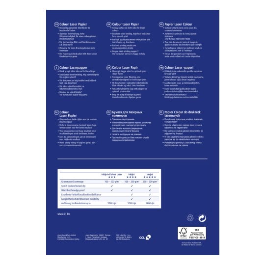 Dieses Bild enthält Informationen über farbiges Laserdruckpapier, einschließlich Beschreibungen in mehreren Sprachen zu dessen Eigenschaften, Verwendungszwecken und technischen Spezifikationen. Es hebt Merkmale wie glänzende Oberfläche hervor, die ideal für den Druck lebendiger Farben ist, und bietet Anleitungen zur Inkjet-Kompatibilität, zu Spezifikationen und zum Kundensupport.