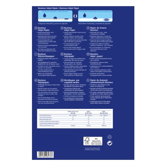 Das Bild zeigt ein Verpackungsdesign für Business-Inkjet-Papier und hebt verschiedene Merkmale in mehreren Sprachen hervor, wie z. B. sofortige Tintentrocknung, ausgezeichnete Farbdefinition und Druckempfehlungen. Es enthält auch Spezifikationen für verschiedene Papiersorten und Druckqualitäten.