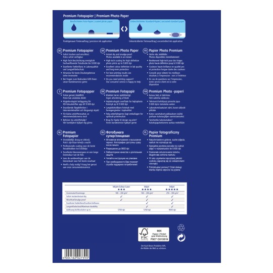 Das Bild zeigt eine Produktinformationskarte für Premium-Fotopapier mit Details zu Eigenschaften, Spezifikationen und Empfehlungen in mehreren Sprachen, darunter Deutsch, Englisch, Französisch und andere.