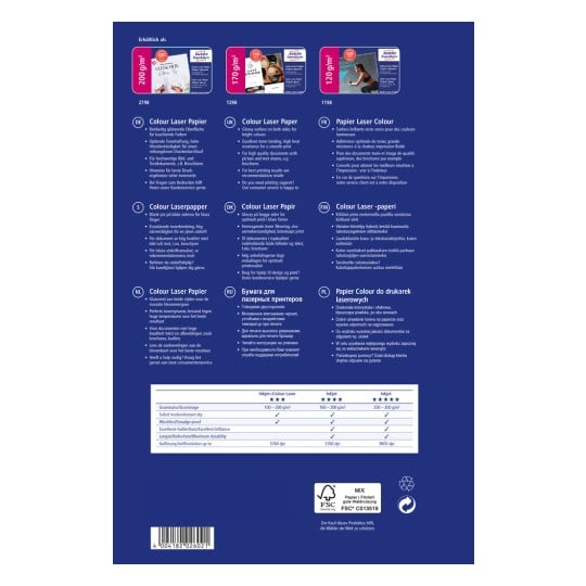 Das Bild zeigt die Rückseite einer Verpackung für Color Laser Paper, die Spezifikationen, Nutzungsempfehlungen und verschiedene Sprachübersetzungen beschreibt. Es enthält Informationen über das Papiergewicht, die Qualität und die Druckergebnisse.