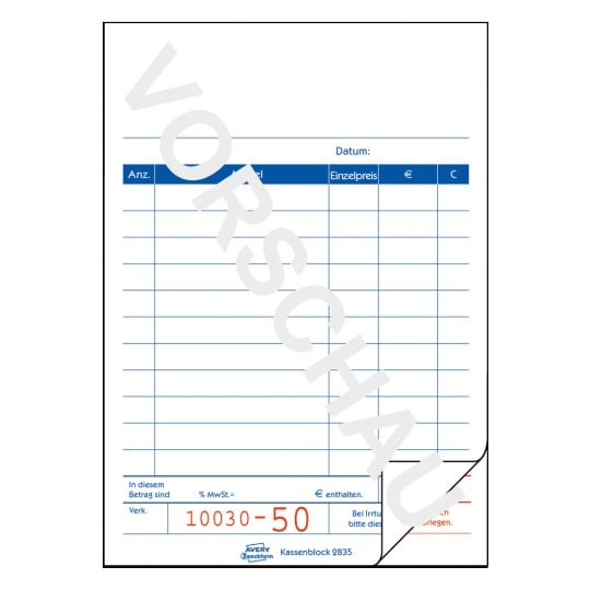 Formularabbildung: Avery Zweckform, Artikel: 2835, Kassenblock, 100 x 160 mm, A6, 2 x 50 Blatt/Buch
