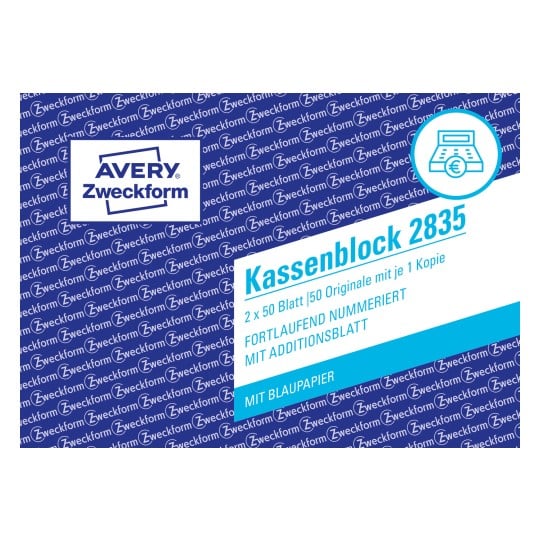 Produktabbildung: Avery Zweckform, Artikel: 2835, Kassenblock, 100 x 160 mm, A6, 2 x 50 Blatt/Buch