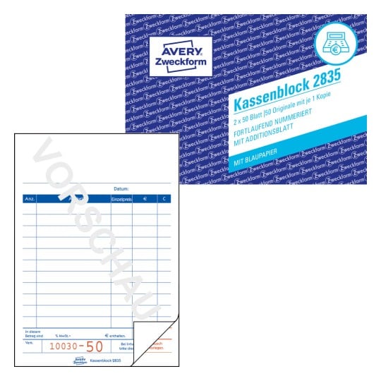 Produktabbildung mit Formularvorschau: Avery Zweckform, Artikel: 2835, Kassenblock, 100 x 160 mm, A6, 2 x 50 Blatt/Buch