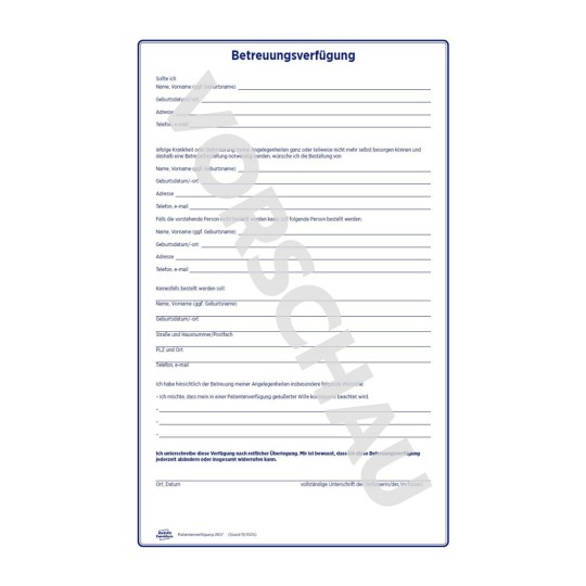 Deutsches Formular zur Pflegevorsorge mit dem Titel „Betreuungsverfügung“ mit leeren Feldern und Wasserzeichen?
