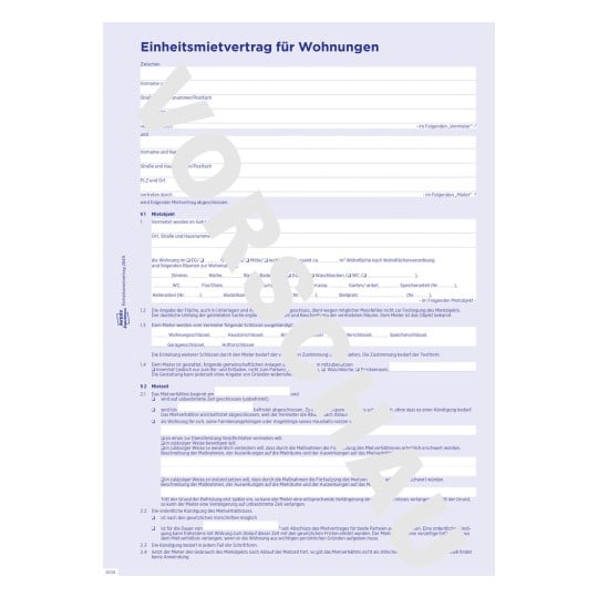 Formularabbildung: Avery Zweckform, Artikel: 2849, Einheitsmietvertrag für Wohnungen, 210 x 297 mm, A4, 4 Seiten/Formular