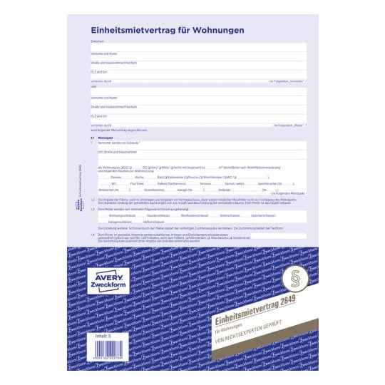 Produktabbildung: Avery Zweckform, Artikel: 2849, Einheitsmietvertrag für Wohnungen, 210 x 297 mm, A4, 4 Seiten/Formular