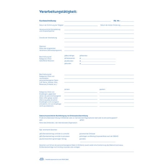 Formularabbildung: Avery Zweckform, Artikel: 2863, Verarbeitungsverzeichnis, 210 x 297 mm, A4, 28 Blatt/Buch
