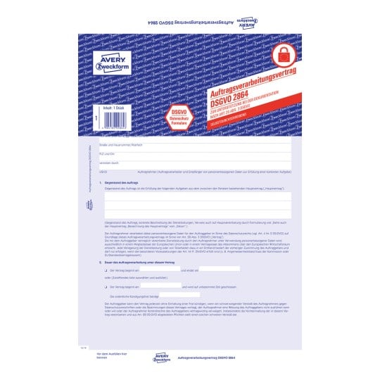 Produktabbildung: Avery Zweckform, Artikel: 2864, Auftragsverarbeitungsvertrag, 210 x 297 mm, A4, 2 x 4 Seiten/Formular