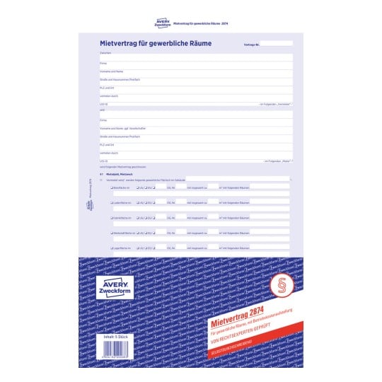Produktabbildung: Avery Zweckform, Artikel: 2874, Mietvertrag für gewerbliche Räume, 210 x 297 mm, A4, 2 x 6 Seiten/Formular