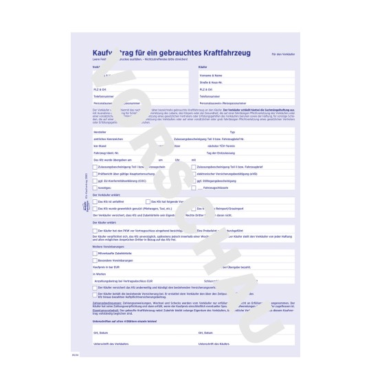 Formularabbildung: Avery Zweckform, Artikel: 2880, Kaufvertrag für ein gebrauchtes Kfz, 210 x 297 mm, A4, 2 x 4 Seiten/Formular