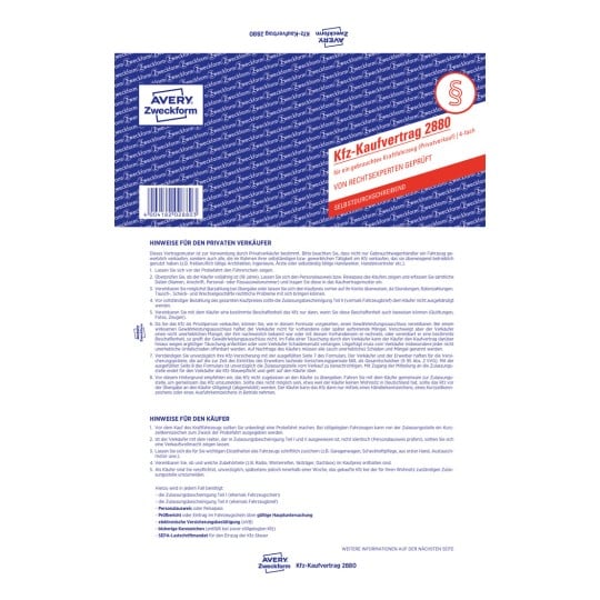 Produktabbildung: Avery Zweckform, Artikel: 2880, Kaufvertrag für ein gebrauchtes Kfz, 210 x 297 mm, A4, 2 x 4 Seiten/Formular