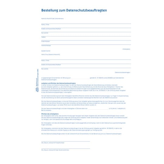 Formularabbildung: Avery Zweckform, Artikel: 2882, Formular Datenschutzbeauftragter, 210 x 297 mm, A4, 2 x 2 Seite/Formular