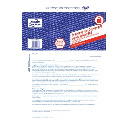 Produktabbildung: Avery Zweckform, Artikel: 2882, Formular Datenschutzbeauftragter, 210 x 297 mm, A4, 2 x 2 Seite/Formular