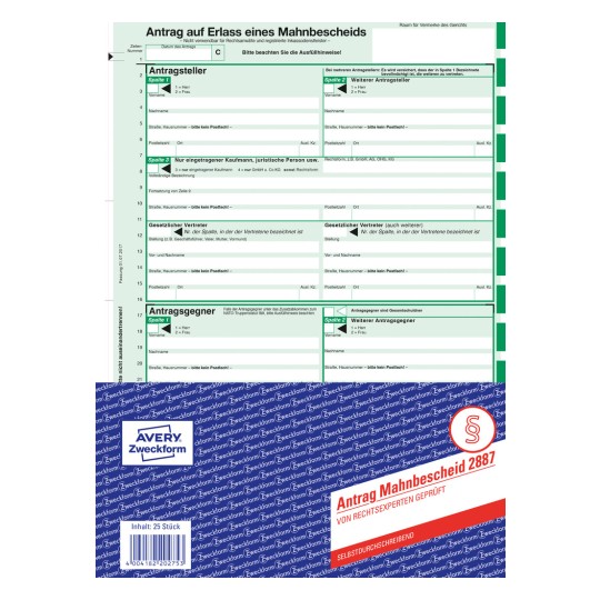 Produktabbildung: Avery Zweckform, Artikel: 2887, Mahnbescheid, 210 x 297 mm, A4, 2 x 2 Seiten/Formular