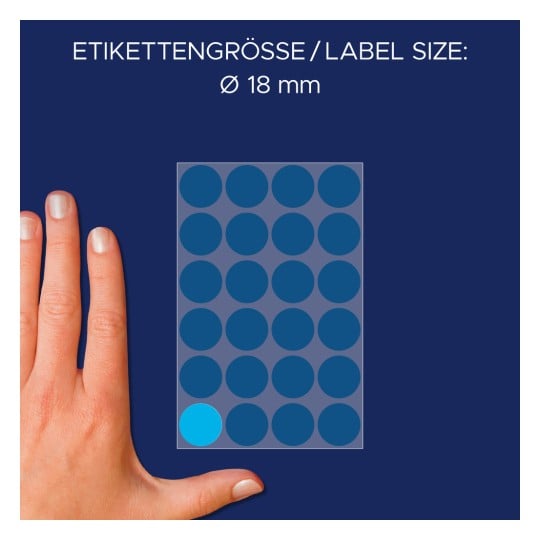 Größenvergleich mit Hand, Artikel: 3005, ein Bogen Markierungspunkte, Format: ⌀ 18 mm, Farbe: Blau