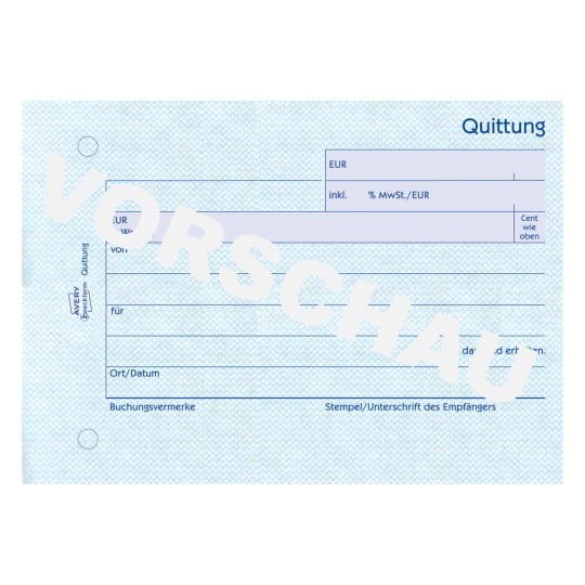Formularabbildung: Avery Zweckform, Artikel: 300, Quittung inkl. MwSt., 148 x 105 mm, A6 quer, 50 Blatt/Block