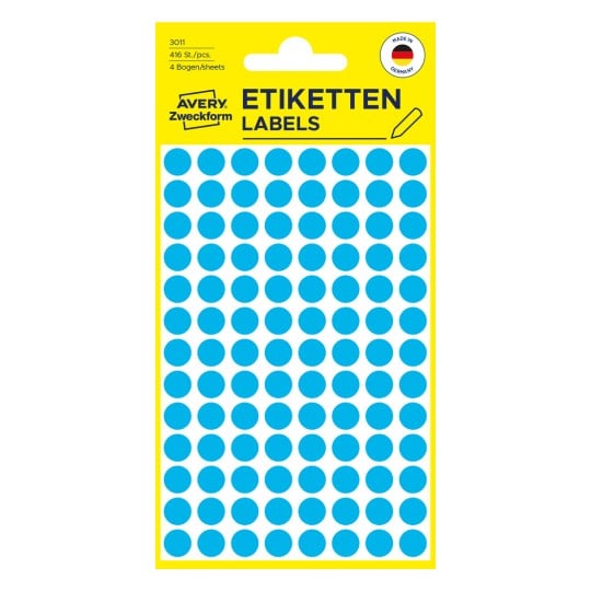 Packungsabbildung: Avery Zweckform Farbige Markierungspunkte, Artikel:  3011, Format: ⌀ 8 mm, Inhalt: 416 Markierungspunkte / 4 Bögen, 104 Markierungspunkte/Bogen