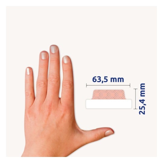 Größenvergleich mit Hand, Artikel: 30123, ein Bogen Haftstreifen, Format: 63,5 x 25,4 mm, Farbe: Mint-gold, Rosé gold, Rosé silber, Lila-kupfer