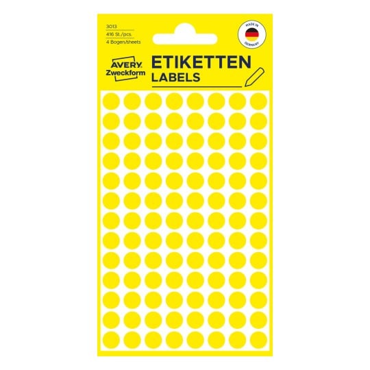 Packungsabbildung: Avery Zweckform Farbige Markierungspunkte, Artikel:  3013, Format: ⌀ 8 mm, Inhalt: 416 Markierungspunkte / 4 Bögen, 104 Markierungspunkte/Bogen