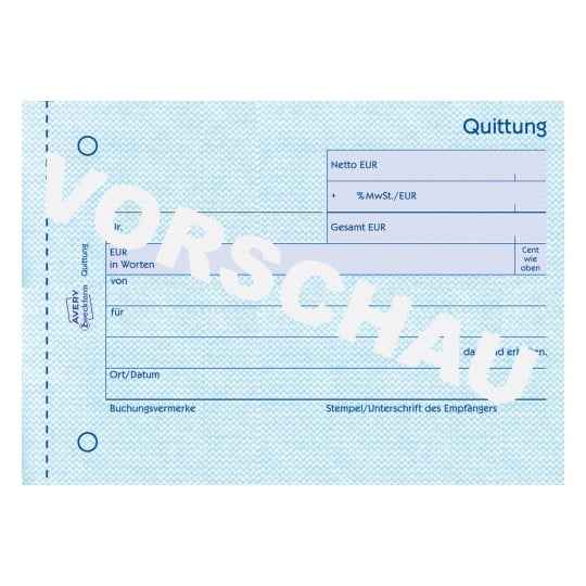 Das Bild zeigt eine Quittungsvorlage mit Abschnitten für Netto-Betrag, MwSt., Gesamtbetrag in Euro, Details zur Transaktion und Feldern für Datum und Unterschriften.