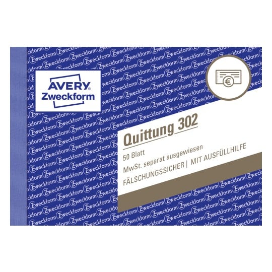 Das Bild zeigt eine Produktverpackung von Avery Zweckform, speziell für einen Quittungsblock namens 'Quittung 302'. Es hebt die Anzahl der Blätter (50), die Mehrwertsteuerangaben und seine Fälschungssicherheit hervor.