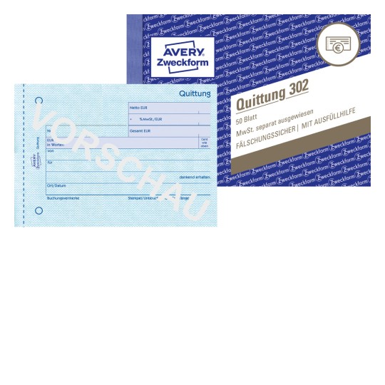 Das Bild zeigt ein blaues Dokumentblatt mit der Aufschrift 'Quittung 302' von Avery Zweckform, das für Quittungen konzipiert ist und Platz zum Ausfüllen finanzieller Details wie Beträge und Daten bietet.